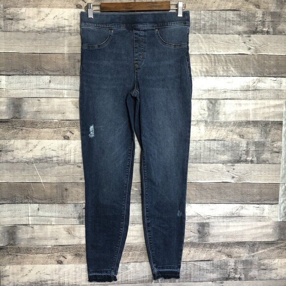 SPANX Distressed Ankle Skinny Jeans, Sz M, Medium Wash, Raw Hem, Stretch Pull on - Picture 1 of 11